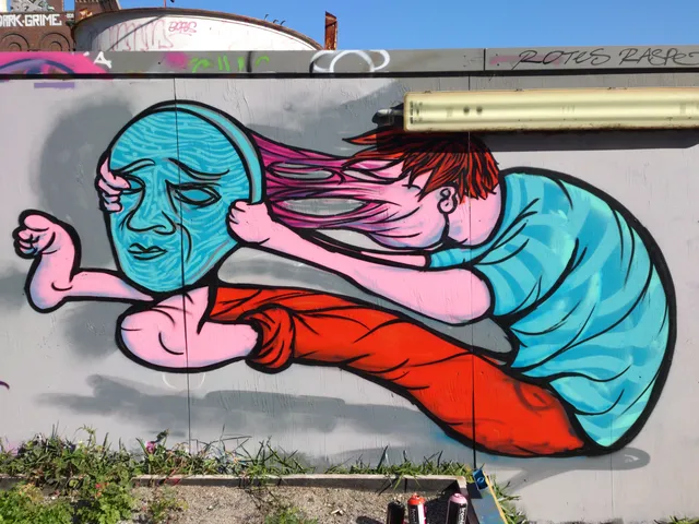Mural of a person peeling away a blue face mask with stretching pink flesh connecting the mask to their head