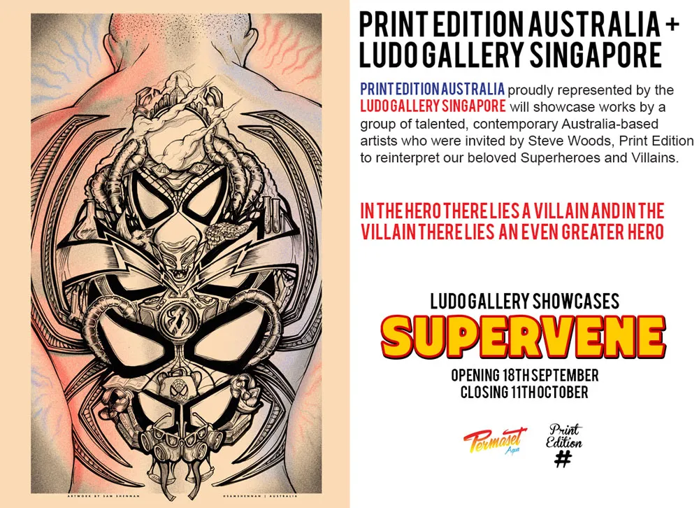 Exhibition flyer with a bold, psychedelic screenprint of a Spider-Man/Venom design