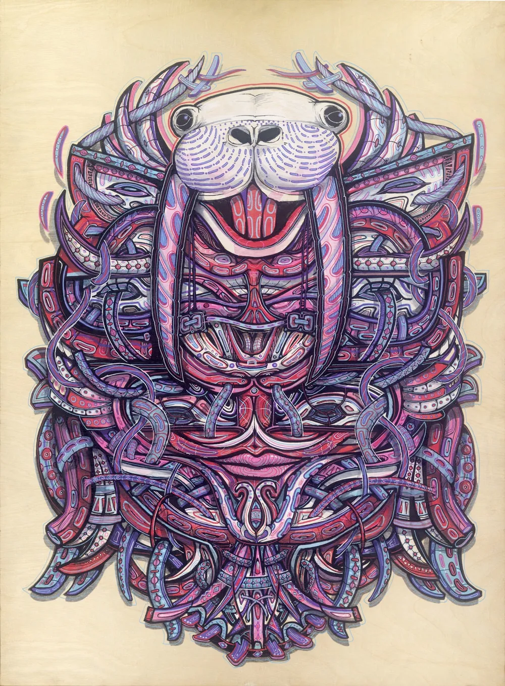 Psychedelic, totemic walrus mask painted on wood with intricate, symmetrical pink and purple linework