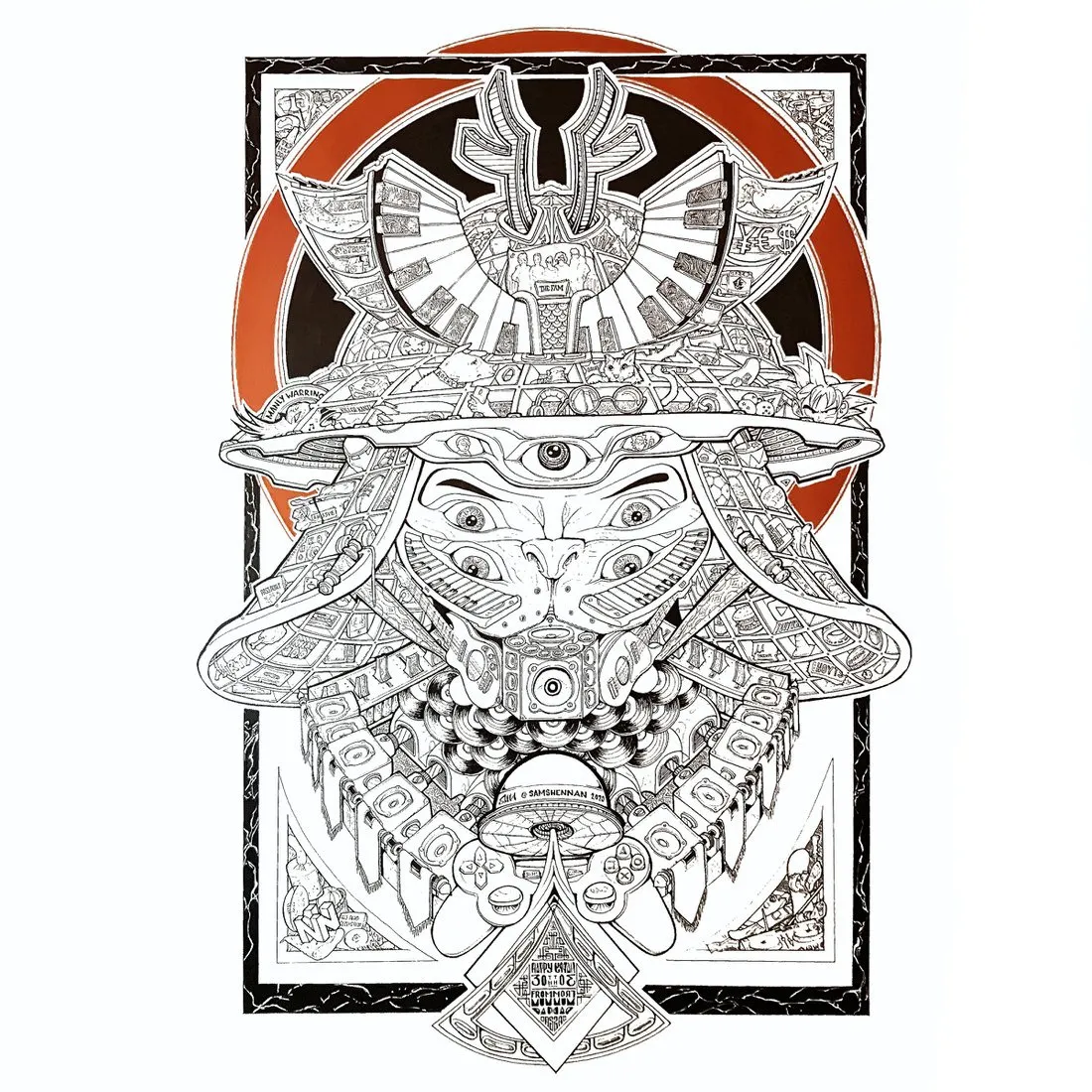 Symmetrical ink illustration of a multi-eyed feline samurai with armor built from game controllers and speakers