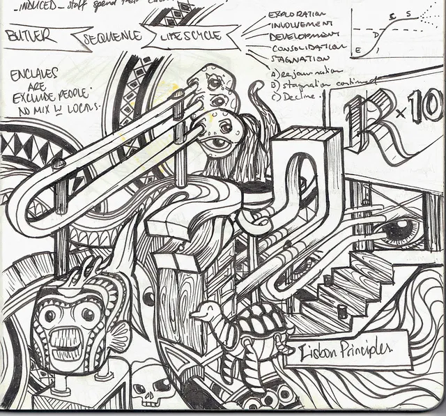 Bold ink sketch of a surreal maze featuring stairs, tracks, a turtle, a totemic fish head, and handwritten notes