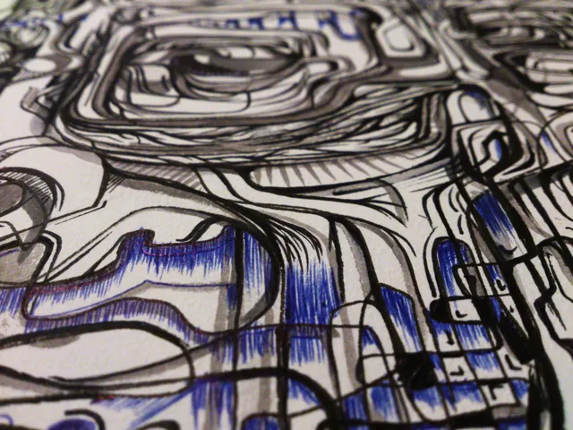 Close-up of an ink drawing featuring a stylized eye surrounded by bold flowing black lines and blue cross-hatching
