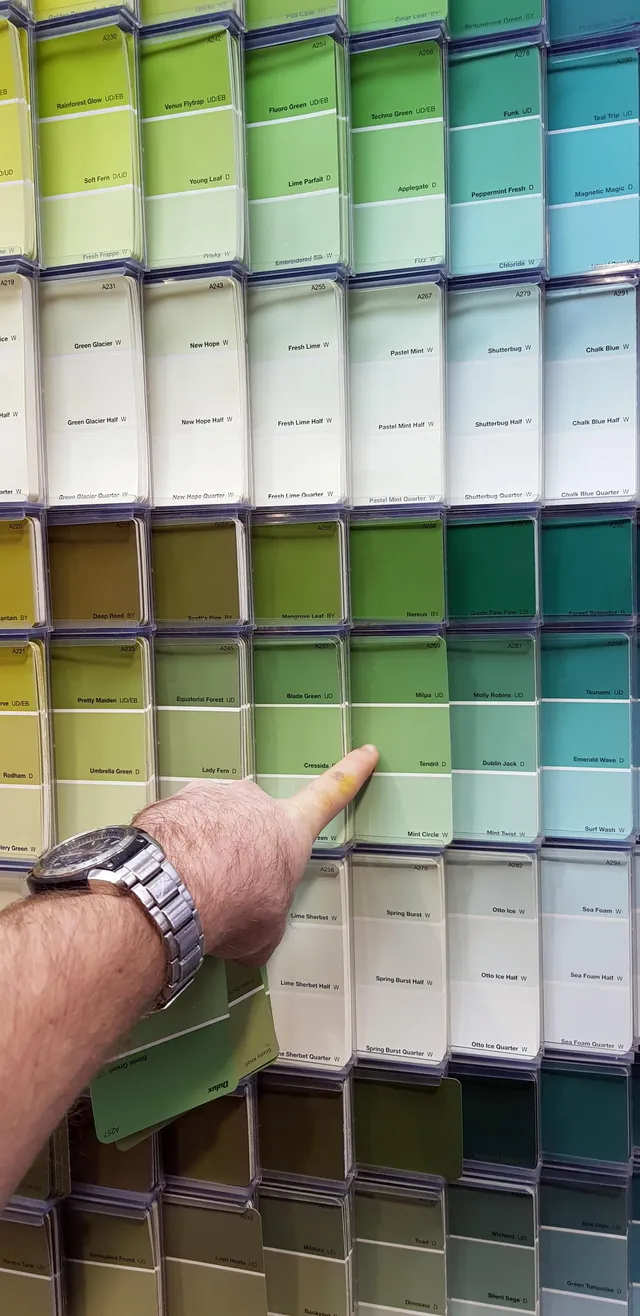 Hand pointing to a light green paint chip on a store display wall of green and blue color swatches