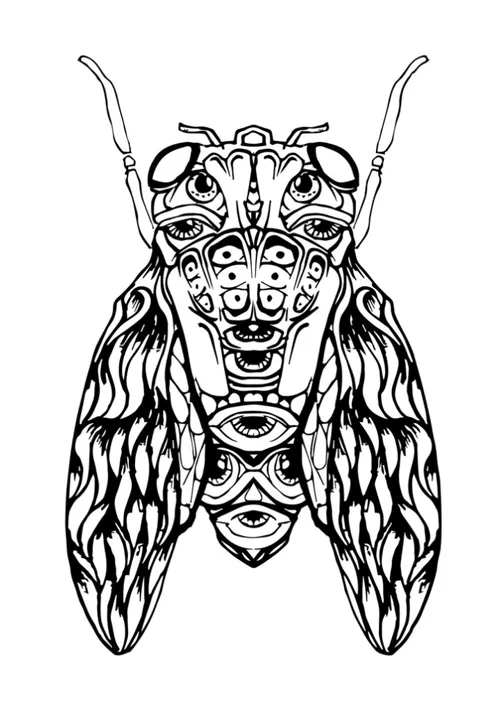 Black and white tattoo design of a psychedelic cicada with intricate symmetrical patterns and multiple eyes