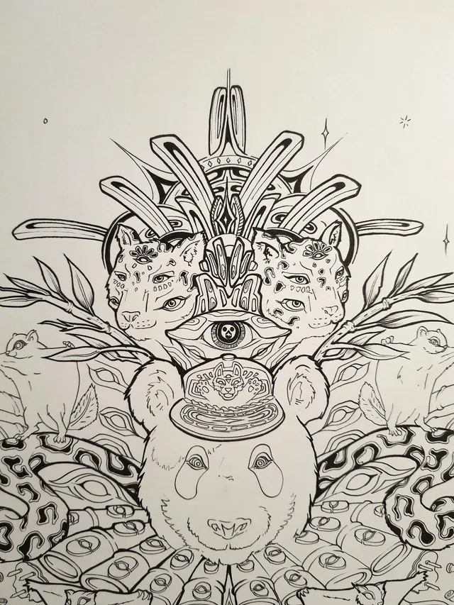 Symmetrical ink drawing of a panda shaman topped with a central eye, multi-eyed leopards, and a totemic headdress