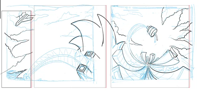 Rough sketch of a Sydney cityscape featuring the Harbour Bridge and Opera House sails in black and blue linework