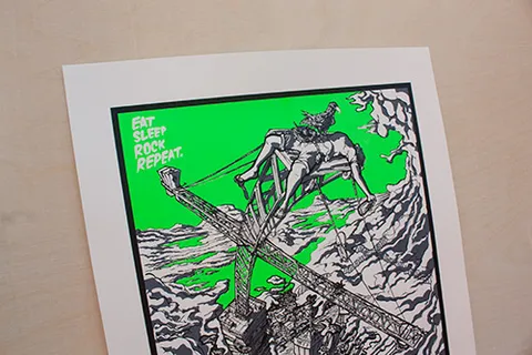 Screenprint of a figure and bird resting on a high crane above clouds against a bright green background