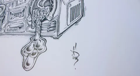 Black ink drawing of a boombox oozing thick liquid from its speaker