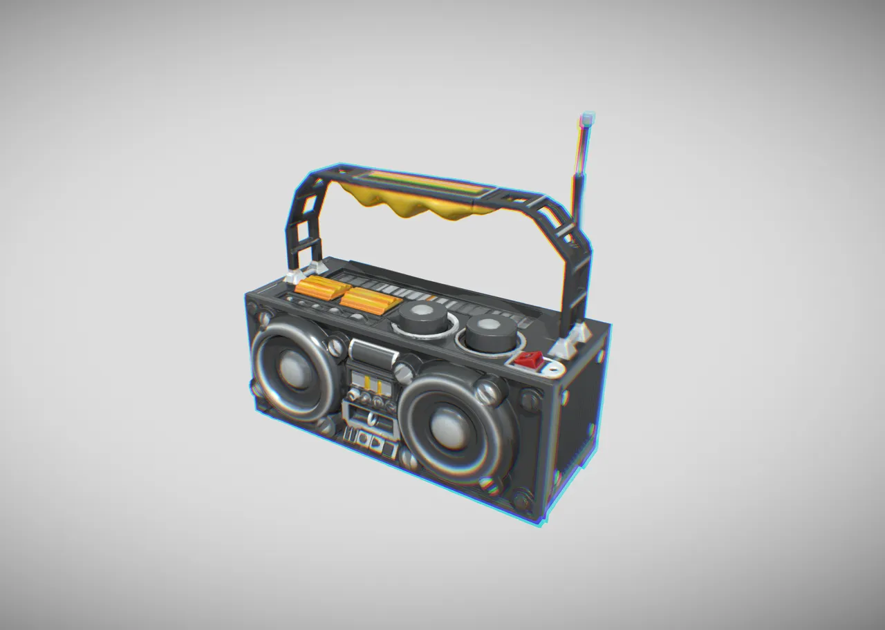 3D render of a stylized retro boombox with a yellow handle grip and extended antenna