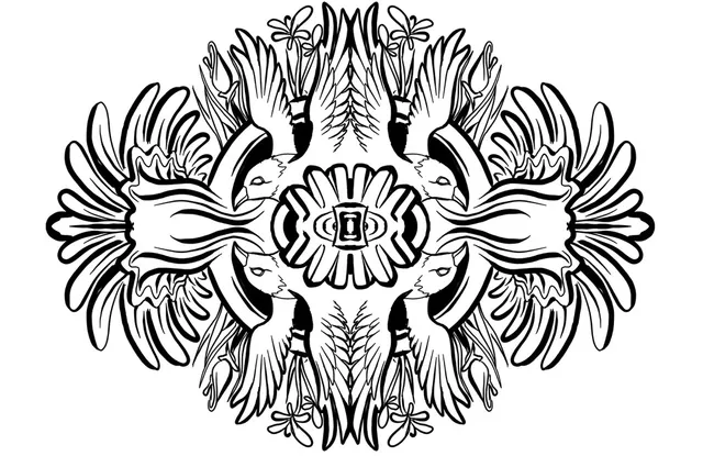Symmetrical black and white line drawing of a mandala with four bird heads, sprawling wings and floral elements