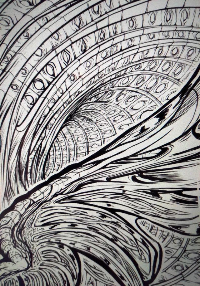Close up of infinite eyes space in the background of an Alex Grey inspired psychedelic spiritual illustrated colouring in poster.