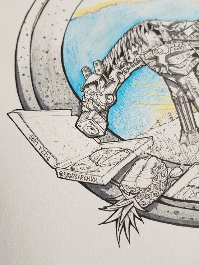 Ink drawing detail of a surreal horse constructed from vehicles looking down at an open pizza box and a pineapple