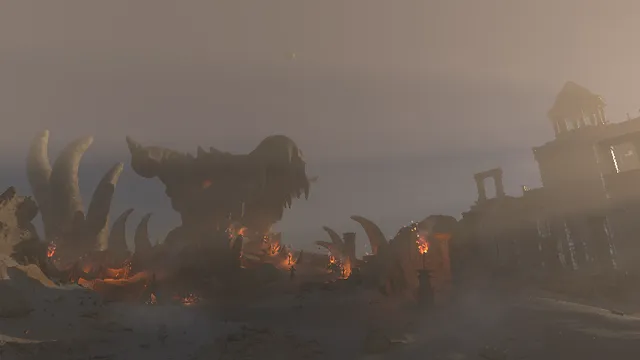 3D render of a massive horned skull and ancient ruins illuminated by firelight in a hazy desert