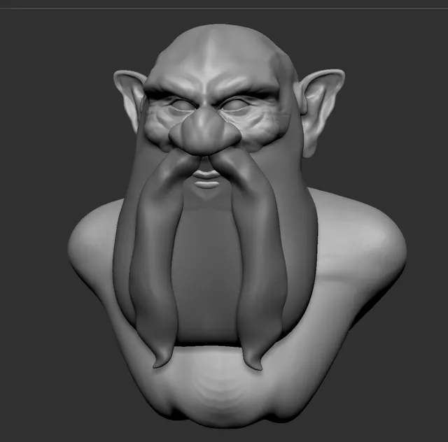 Grey 3D sculpt of a fantasy dwarf bust with pointed ears, a bulbous nose, and a long draping mustache