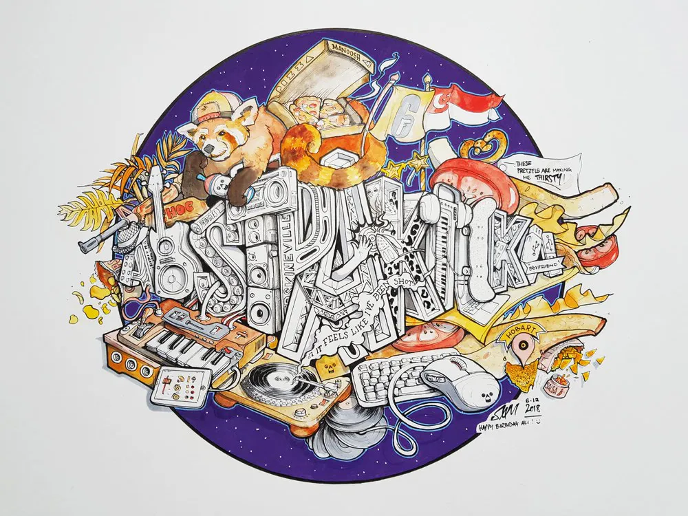Circular ink illustration of 3D graffiti text surrounded by a red panda, pizza, turntable, and musical instruments