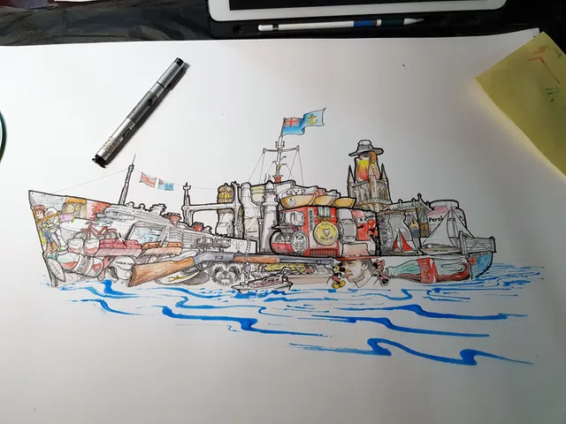 Ink and color drawing on paper of a ship composed of a detailed collage of buildings, objects, and nautical elements