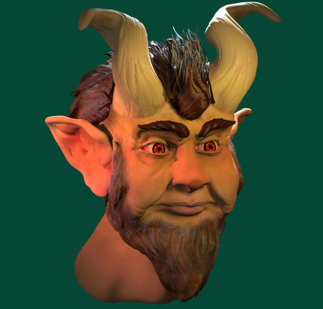 3D render of a satyr head with curved horns, pointed ears, red eyes, and a brown beard