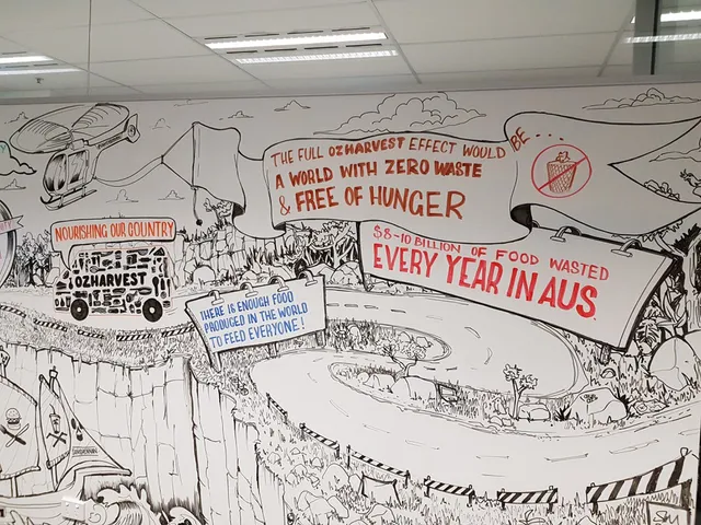 Whiteboard marker infographic mural depicting a landscape, van, and banners with text about zero waste and hunger