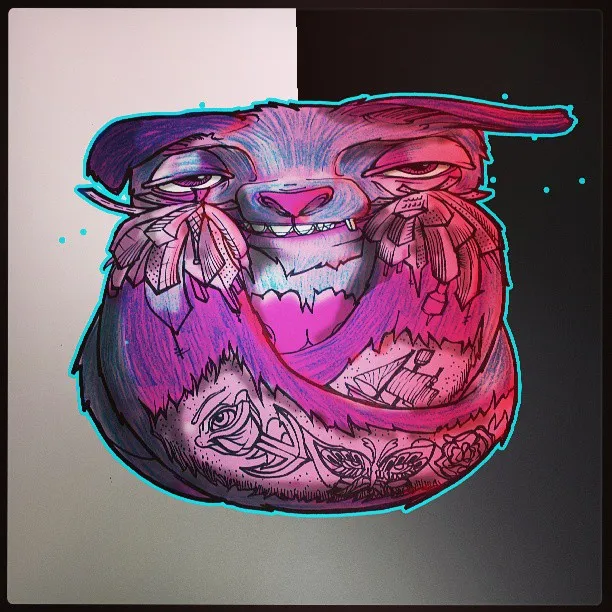 Psychedelic illustration of a curled-up furry creature in pink and purple with a cyan outline and traditional tattoos