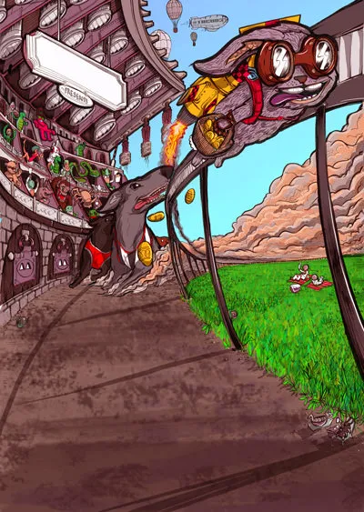 Illustration of a jetpack-wearing rabbit on a rail racing greyhounds past a grandstand of monsters