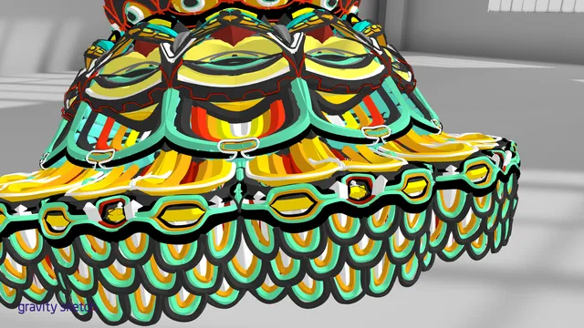 Close-up 3D render of a psychedelic crown with layered teal, yellow, and red scale patterns