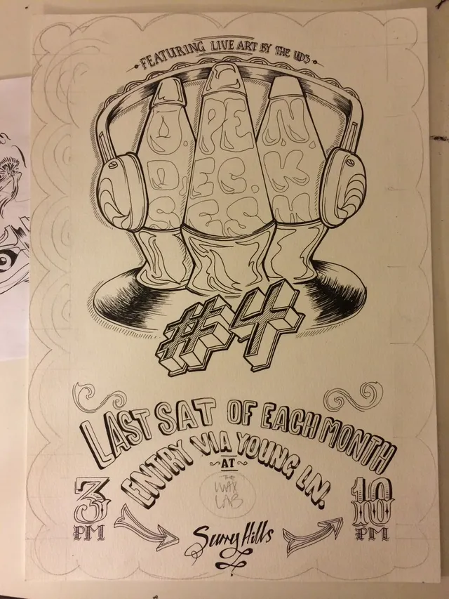 Ink sketch of an event poster featuring lava lamps wearing headphones on a vinyl record, with stylized hand-lettering