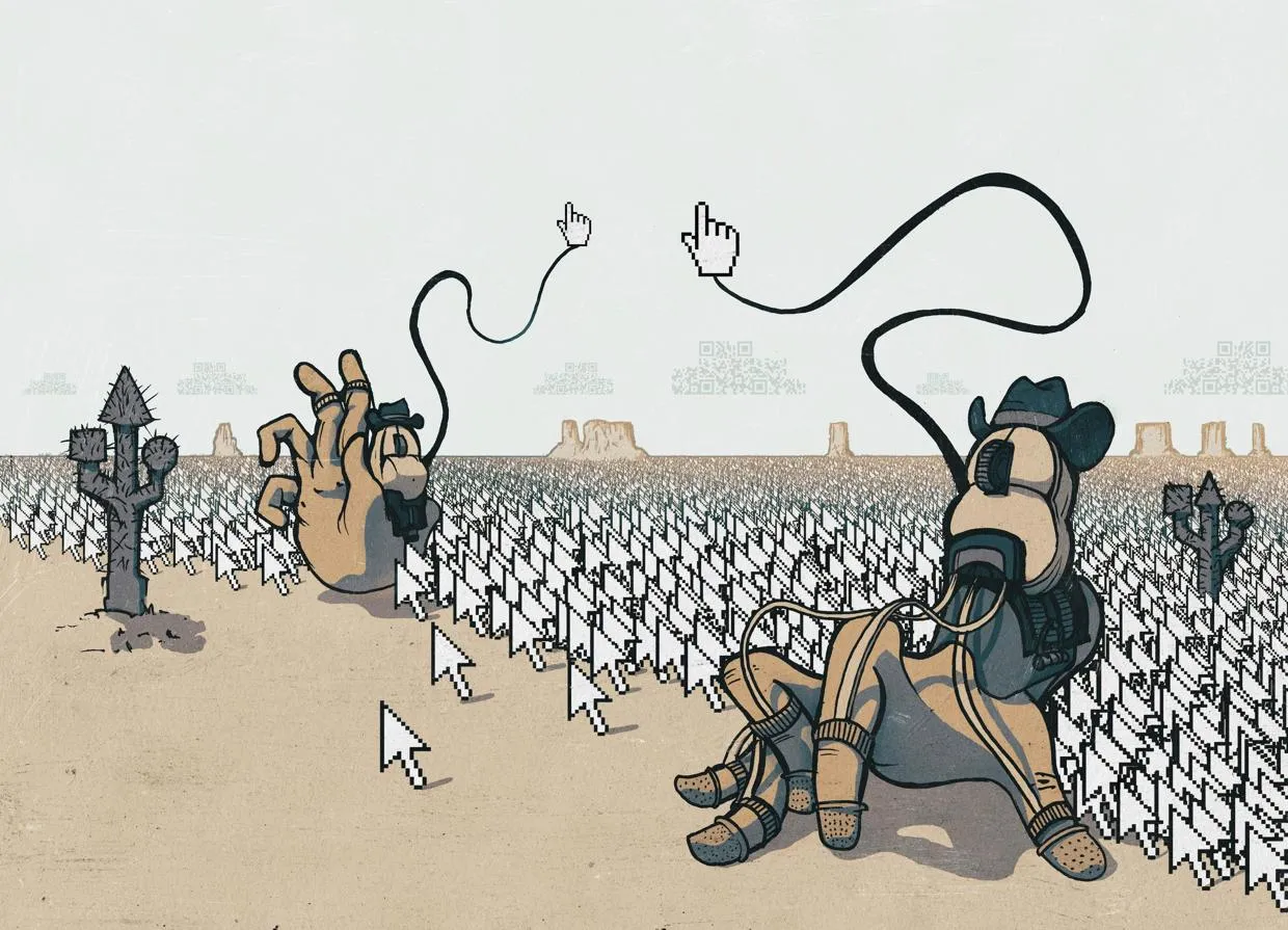 Surreal illustration of giant hands in cowboy hats lassoing with pixelated cursors in a desert of mouse arrows