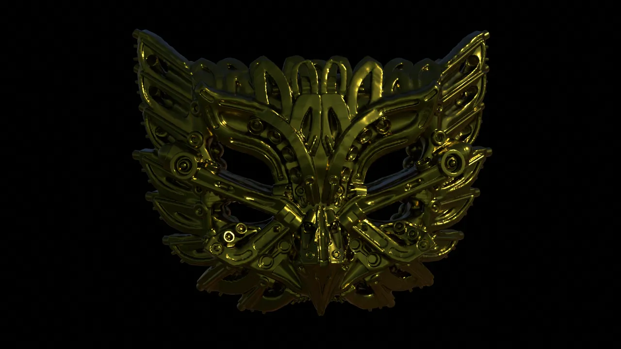 3D render of a symmetrical, metallic gold totemic animal mask with intricate mechanical details