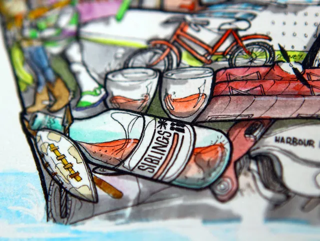 Detail of an ink illustration showing a bottle labeled SIBLINGS, two glasses, an oval ball and a red bicycle