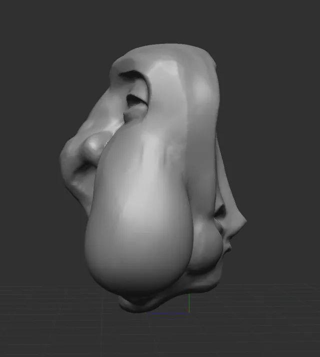 Gray 3D sculpt of a distorted head featuring facial profiles on opposite sides of a large bulbous center