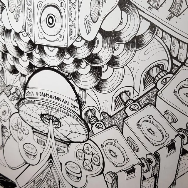 Detailed black and white ink drawing of a UFO beaming down amidst cascading vinyl records, speakers, and game controllers
