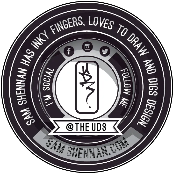 Circular black and white graphic design sticker with artist's name, "inky fingers" slogan, social icons, and website
