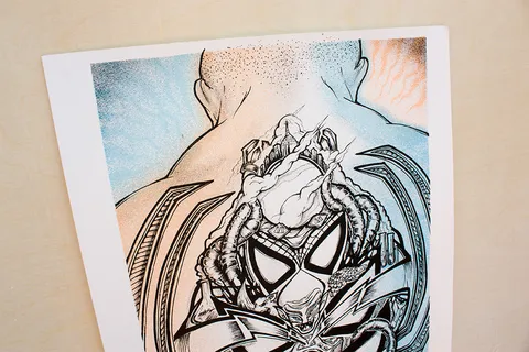 Printed ink illustration of a man's back tearing open to reveal a surreal Spider-Man mask and cityscape design