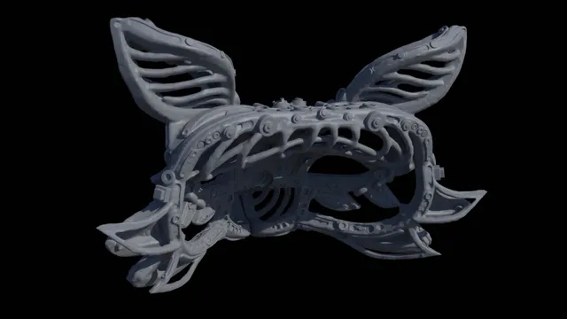 Grey 3D render of a cybernetic fox mask featuring hollow skeletal and mechanical structures