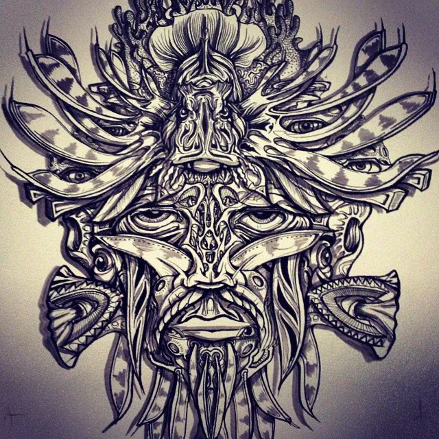 Ink drawing of a symmetrical, psychedelic totemic face featuring multiple eyes, feathers and intricate bold line work