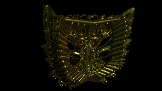 3D render of a symmetrical metallic gold cyber owl mask made of intricate mechanical parts