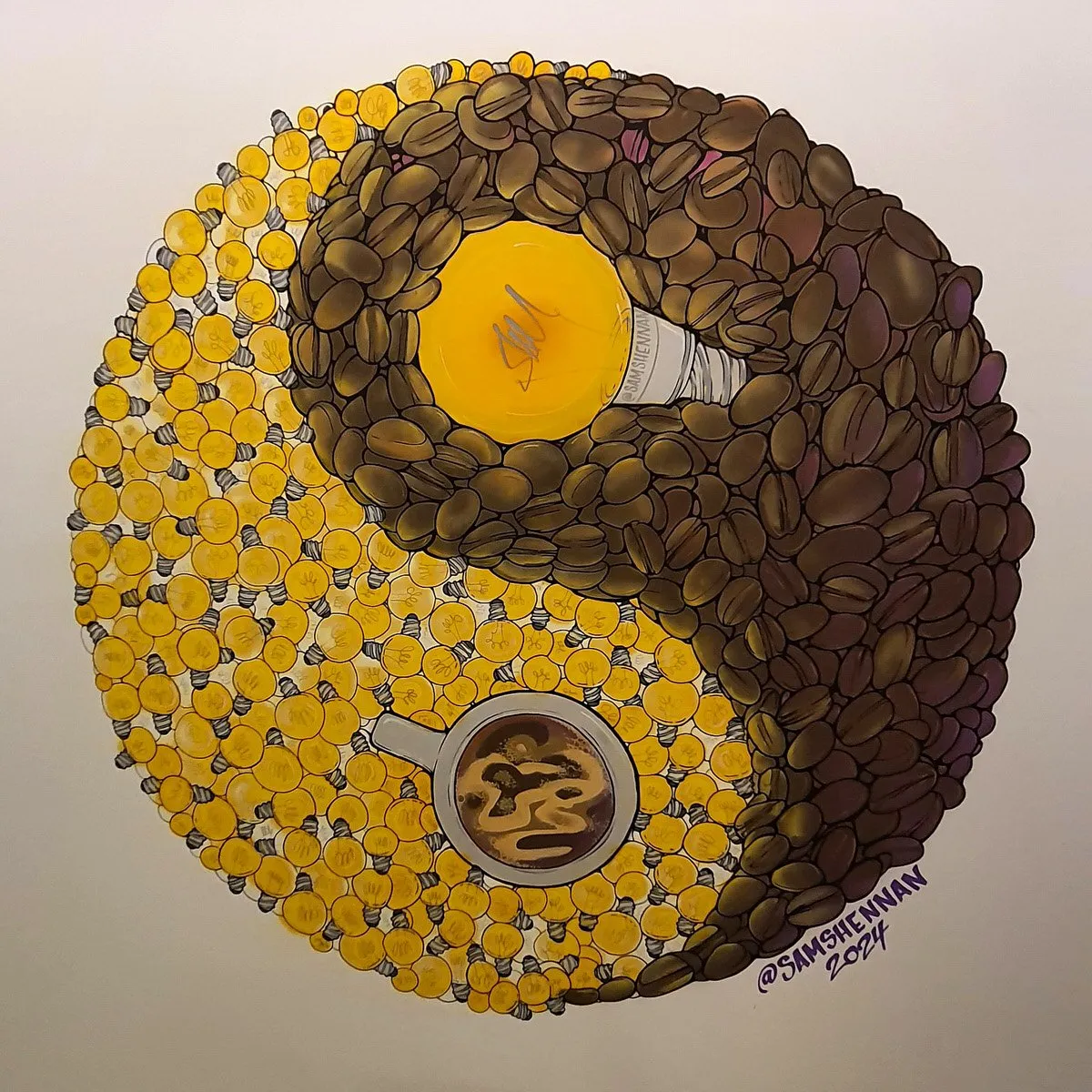 Illustration of a yin-yang made of coffee beans and small lightbulbs, with a large bulb and coffee cup as the inner dots