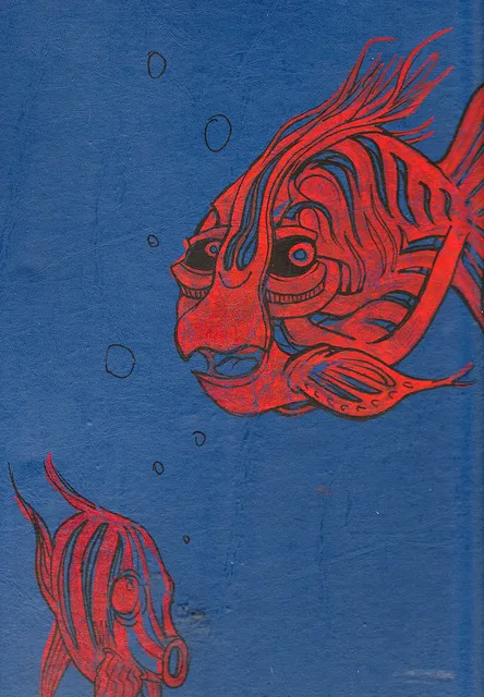 Drawing of two stylized red fish with bold linework and bubbles on a blue background