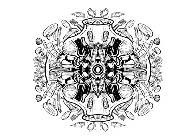 Black and white line drawing of a symmetrical mandala made of wine bottles, glasses, cutlery, pizza, and cheese