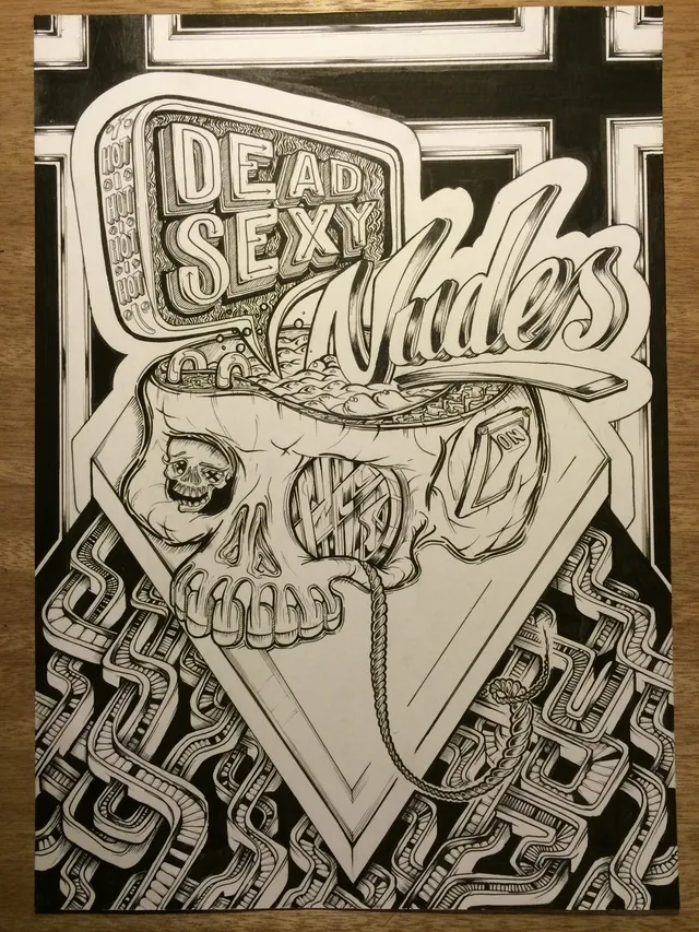 Black and white ink drawing of a mechanical skull with an open top full of eyes and text reading DEAD SEXY Nudes