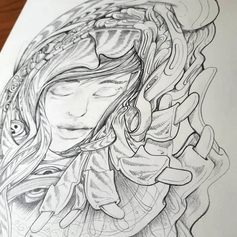 Pencil drawing of a face with blank eyes wearing an intricate flowing organic hood featuring embedded eyes