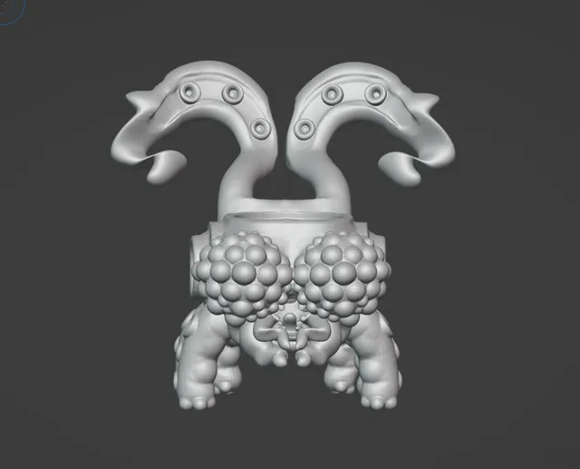 Untextured 3D sculpt of a symmetrical bug creature with large bumpy eyes and curled antennae