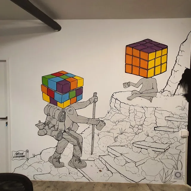 Wall mural of two figures with colorful puzzle cube heads in a line-art landscape: a hiker climbing to a seated figure