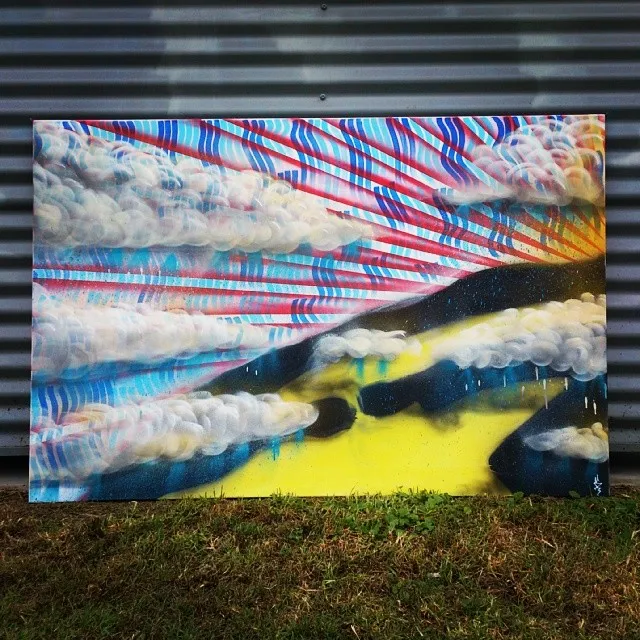 Psychedelic canvas painting of a landscape with dark starry hills, white clouds, and radiating red and blue sunbeams