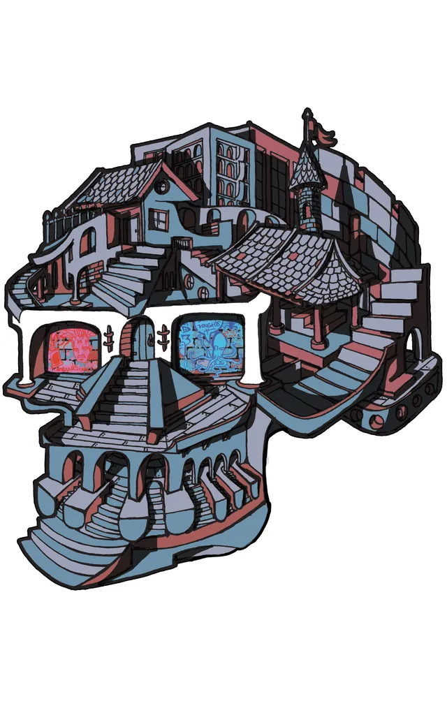 Digital illustration of a skull constructed from interconnected buildings, staircases, and arches