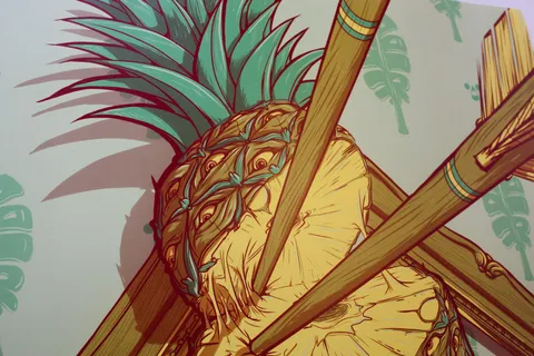 Graphic print of a sliced pineapple with multiple eyes in its skin, pierced by two wooden arrows