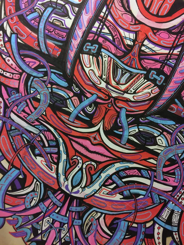 Psychedelic illustration of a symmetrical walrus mask drawn with intricate pink, red, blue, and black interwoven lines