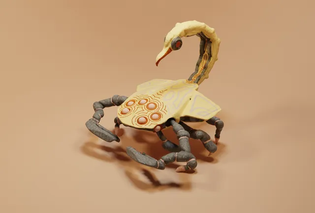 3D render of a surreal scorpion with a patterned yellow shell, grey segmented legs, and a bird head on its tail