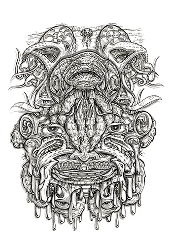 Black and white ink drawing of a symmetrical psychedelic mask featuring multiple eyes and melting organic forms