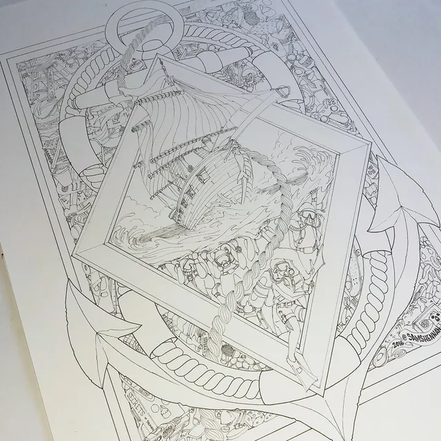 Process of inking a surreal poster design by hand